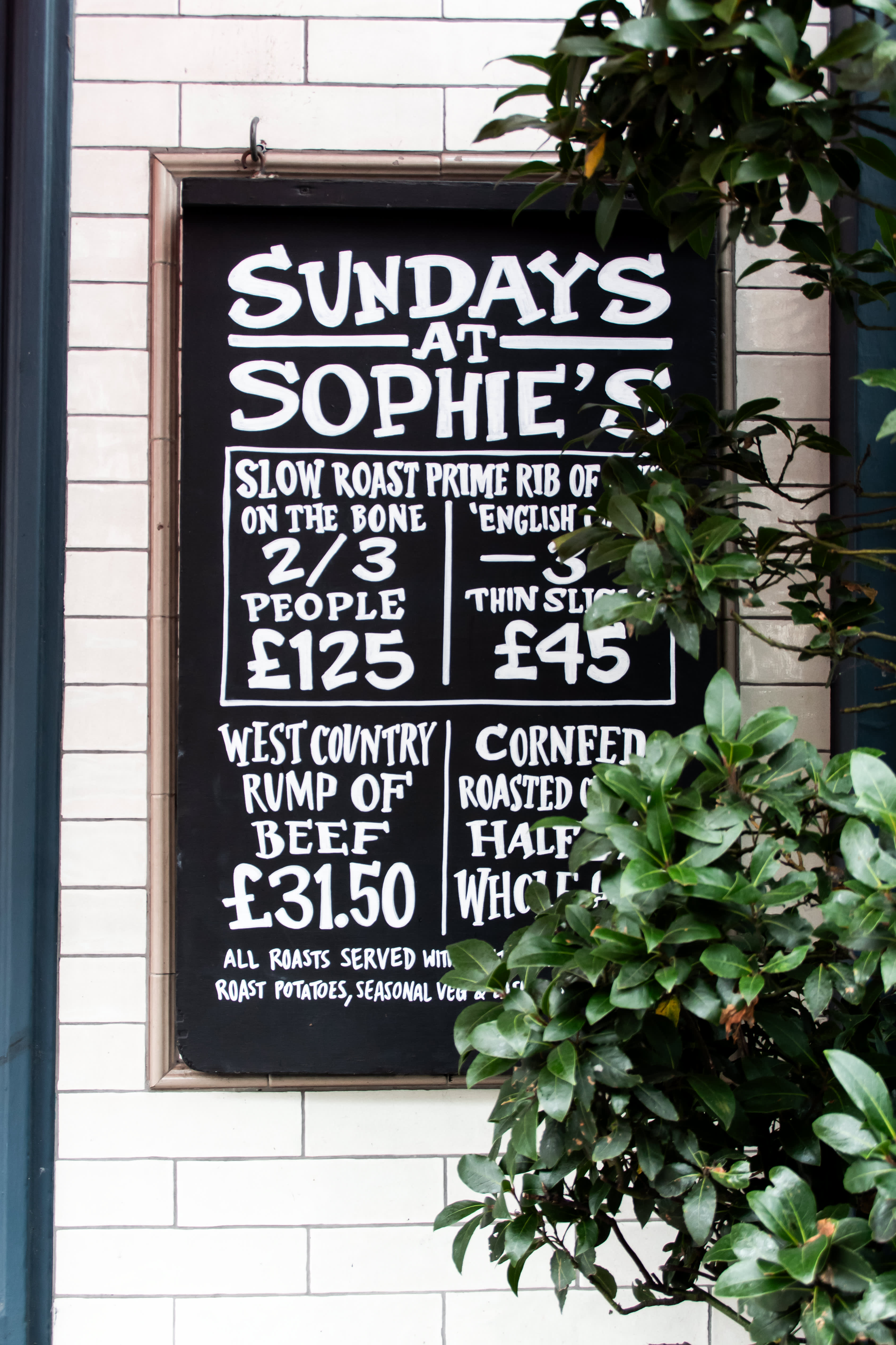 A hand-lettered Sunday at Sophie's menu beside climbing plants.