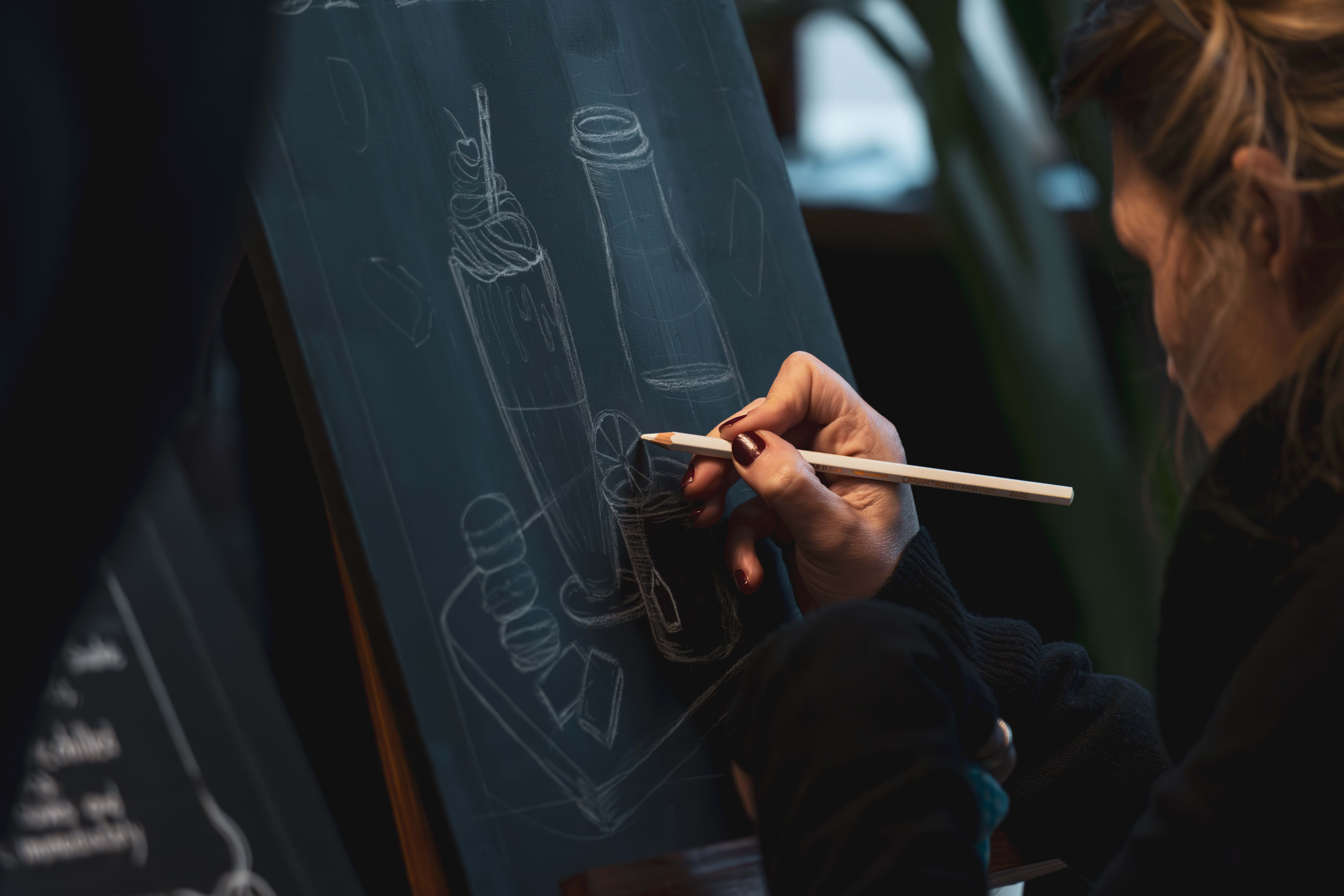 A workshop participant sketching lettering onto a blackboard.